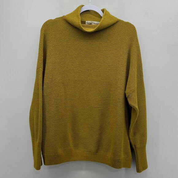 Chelsea & Theodore Ribbed Mock Neck Sweater Womens Large Green Gold Boho Earthy - Picture 1 of 8